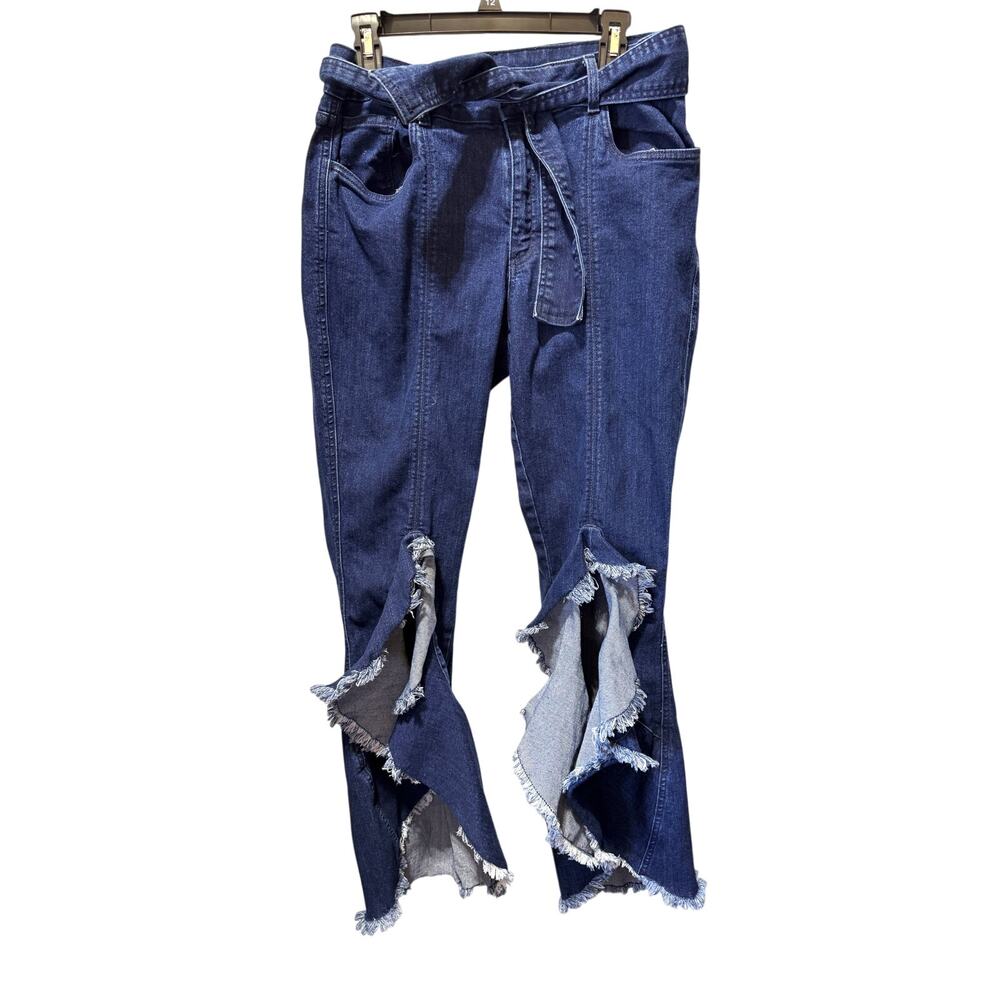 Venus Ruffle Slit Hem Flared Jeans with Belt Size 12